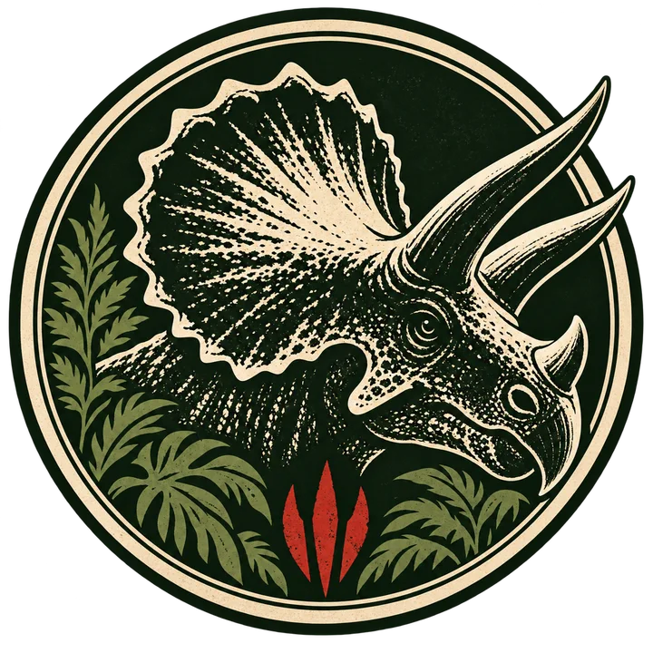 The Herbie Army seal: a triceratops among ferns, in a round badge.